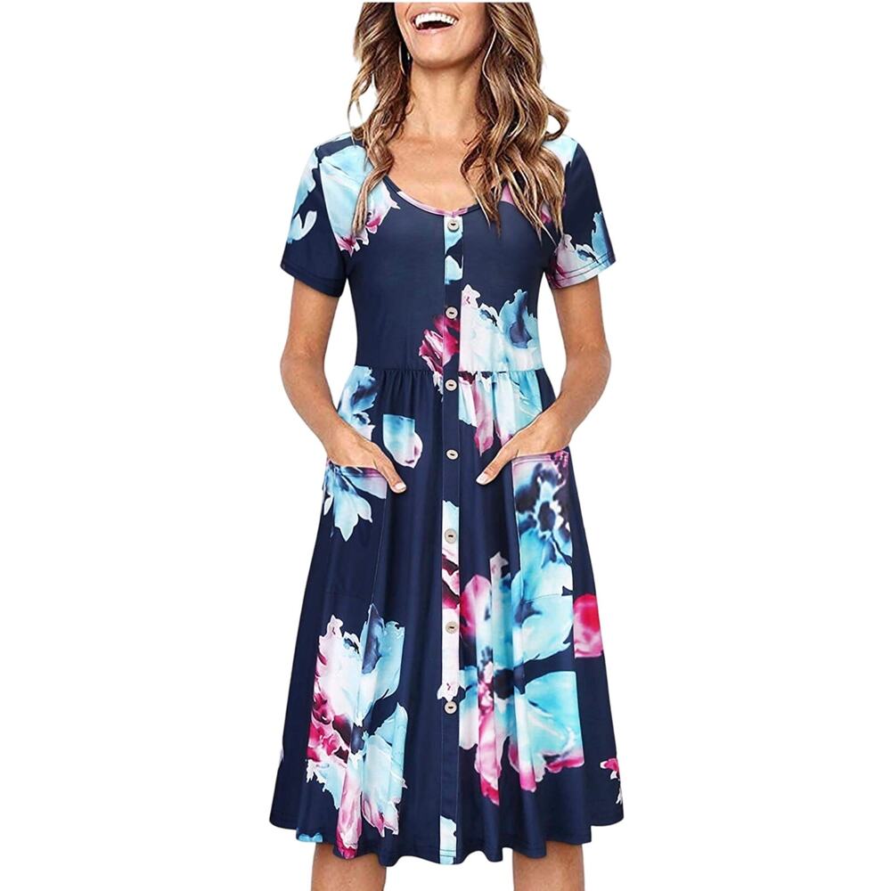 NWT OUGES Women's V Neck Floral Button Down Skate… - image 1